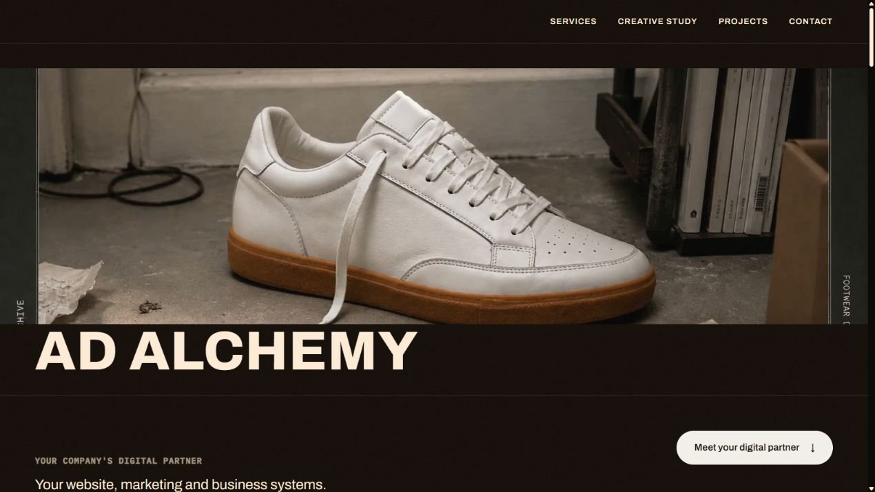 Ad Alchemy's actual homepage and cinematic opening.