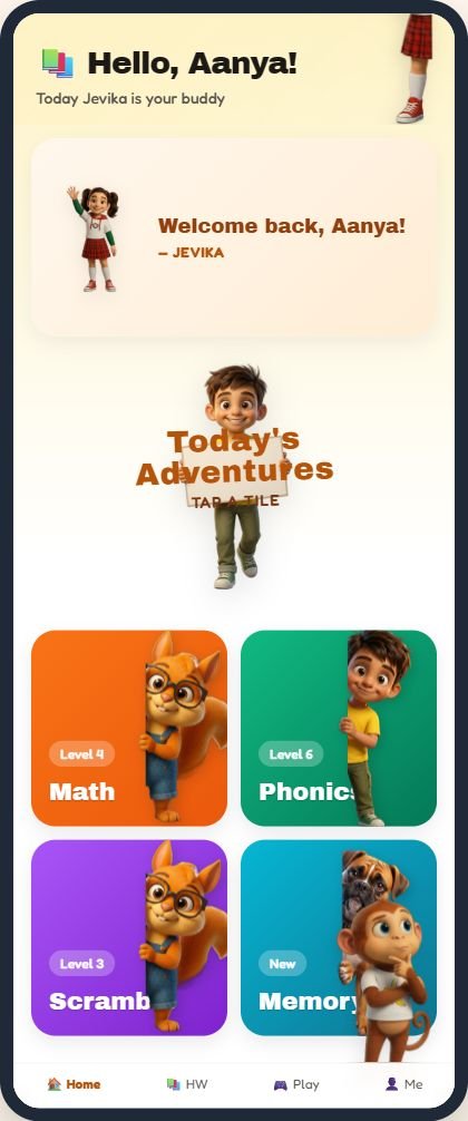 KidsLearn saved home-screen design study with a welcome area and Math, Phonics, Scramble and Memory activity tiles.